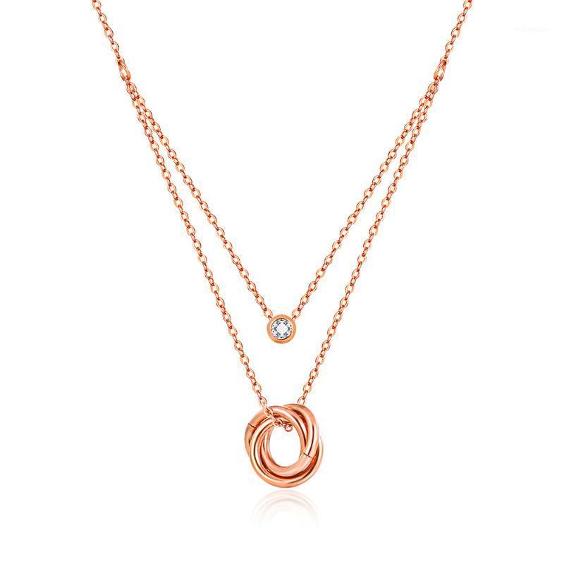 

Stainless Steel Women Necklace Rose Gold Color Cubic Zirconia Charm Three Circles Pendant Necklace Jewelry N182821