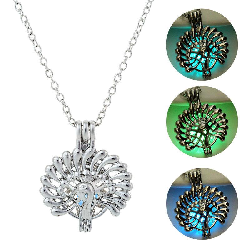 

DEELAN peacock Glowing Necklace harm Jewelry Silver Plated Women Halloween Pendant Hollow Luminous Stone Pendant Necklace Gift