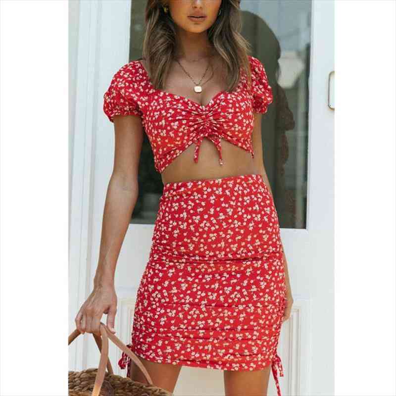 

Women Fashion Party Sunsuits Floral Printing 2pcs Sexy Ruched Crop Top mini Skirt Summer Bodycon Clothing Beach Vacationfemale, Gray