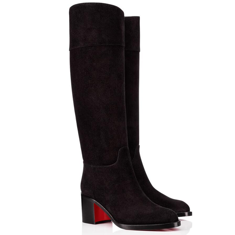 

Famous Winter Women Red Bottom Boot Karitubes Black Calf Leather Tall Boots Chunky Heels Over Knee Booty Round Toe Party Wedding Dress EU43