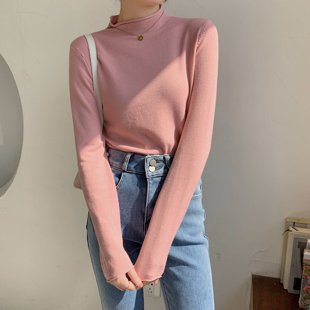

2021 New Japan Style T-shirt Korean Fashion Basic Popular Thin Simple Autumn Winter Hot Sale Half High Collar Long Sleeve Tops S8WS, Pink