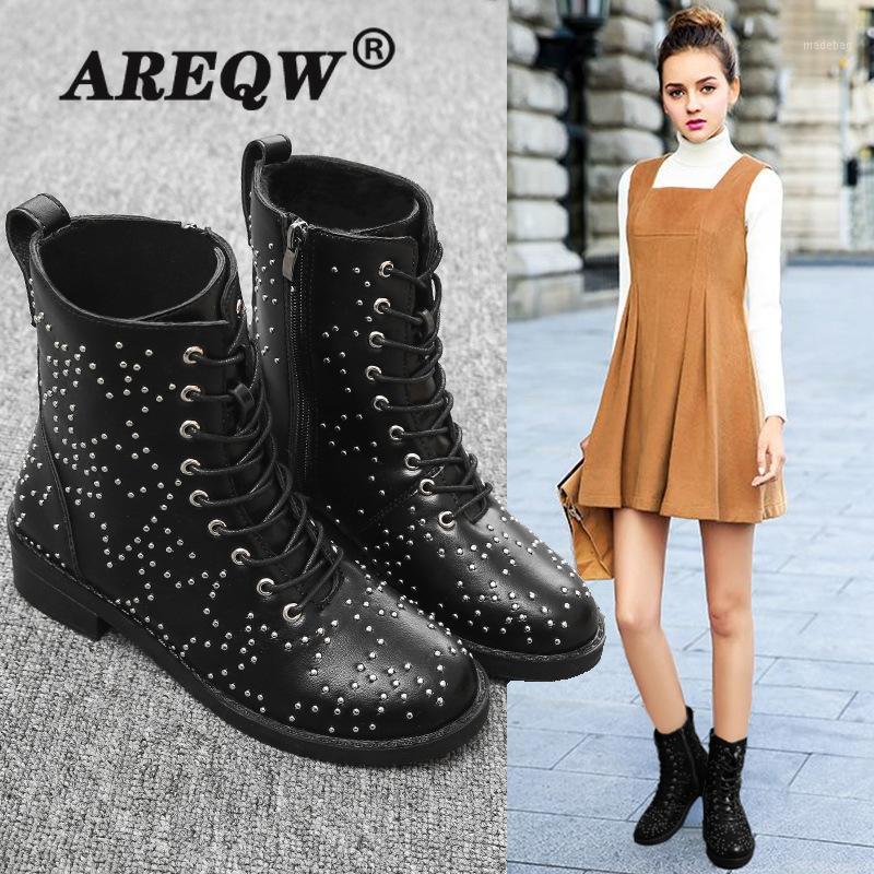 

Europe and America 2020 Autumn and Winter New Foreign Trade Plus Size Women's Short Boots Lace Up Ladies Leather Boots Rivets1, Black