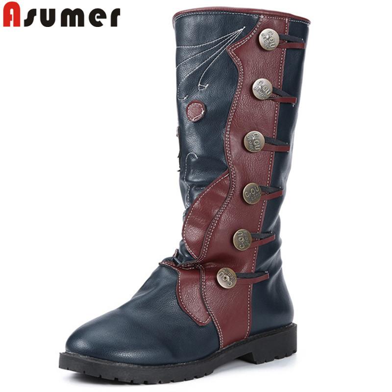 

ASUMER 2020 new mid calf boots round toe mixed colors autumn winter boots low heels ladies prom big size 34-43, Blue thick hair