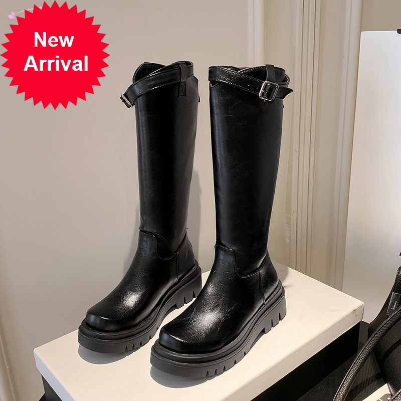 

2021 The New Street Style Round Toe at Knee-boot Platform Sliding Into Buckle High Motorcycle Boots Thick Women's Shoes Yz5v, Black