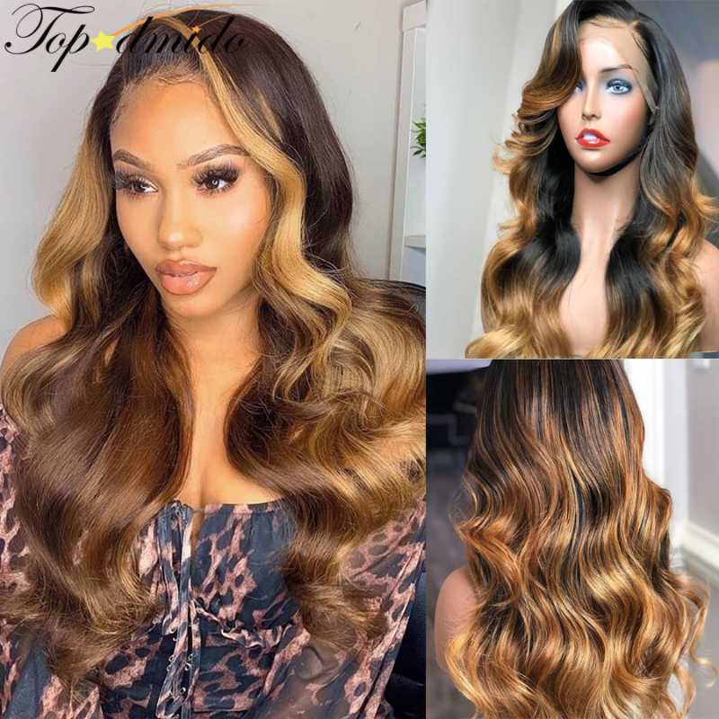 

TOPODMIDO 13x6 Colored Brown Honey Blonde Transparent Lace Front Wig 180 Density Long Body Wave Human Hair Wigs, As pic