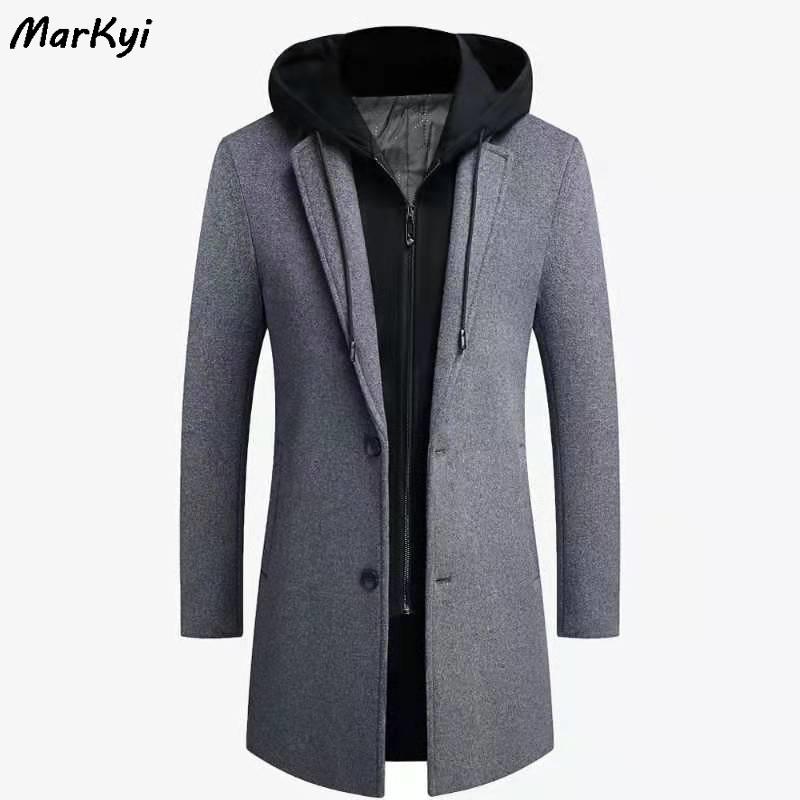 

MarKyi 2020 Winter Long Trench Coat Men With Hood Plus Size 5XL Fake Two Zipper Men Wool Pea Coat, Black