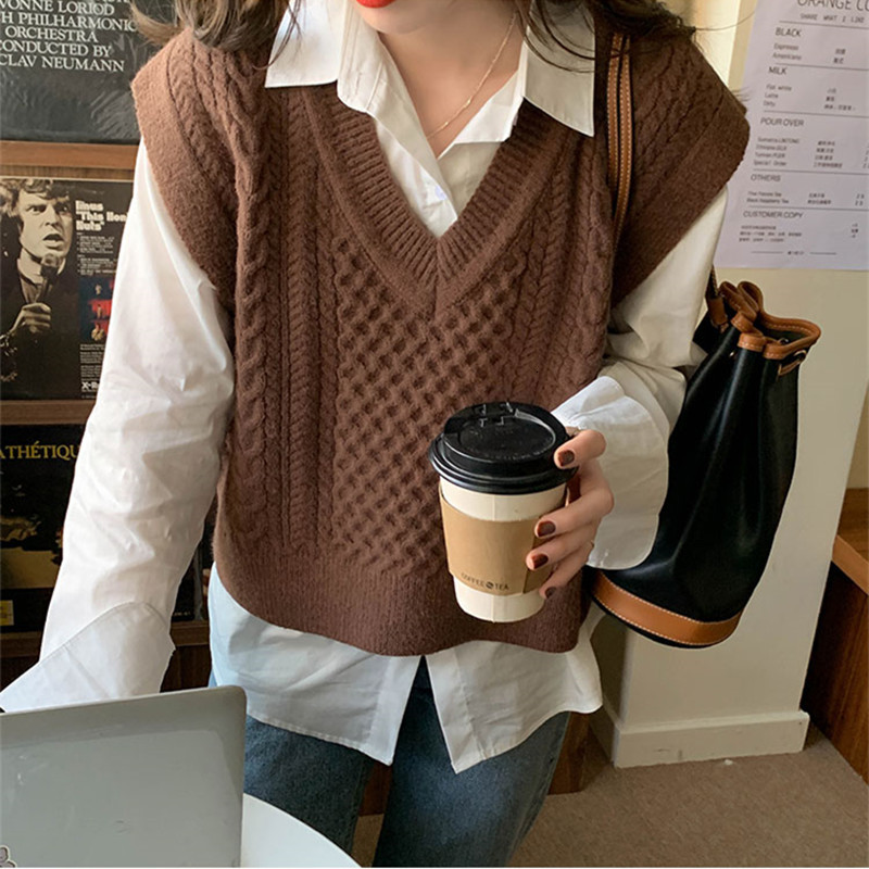 

2021 New 3 colours Korean soild style v neck vest sleeveless shirts women's knitted (x1680) JWQW, Black