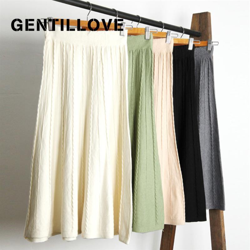 

Gentillove Women Knitted Midi Skirts Elegant Soft Warm Harajuku Skirts High Waist Pleated Midi A-Line Skirt Korean Sweater Skirt, Black