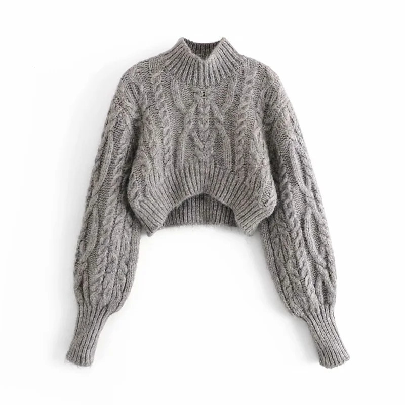 

2021 New Grey Turtleneck Cropped Argyle Sweater Women Winter Long Sleeve Cable Knitted Short Woman Sweaters Pullovers 3vco, Gray