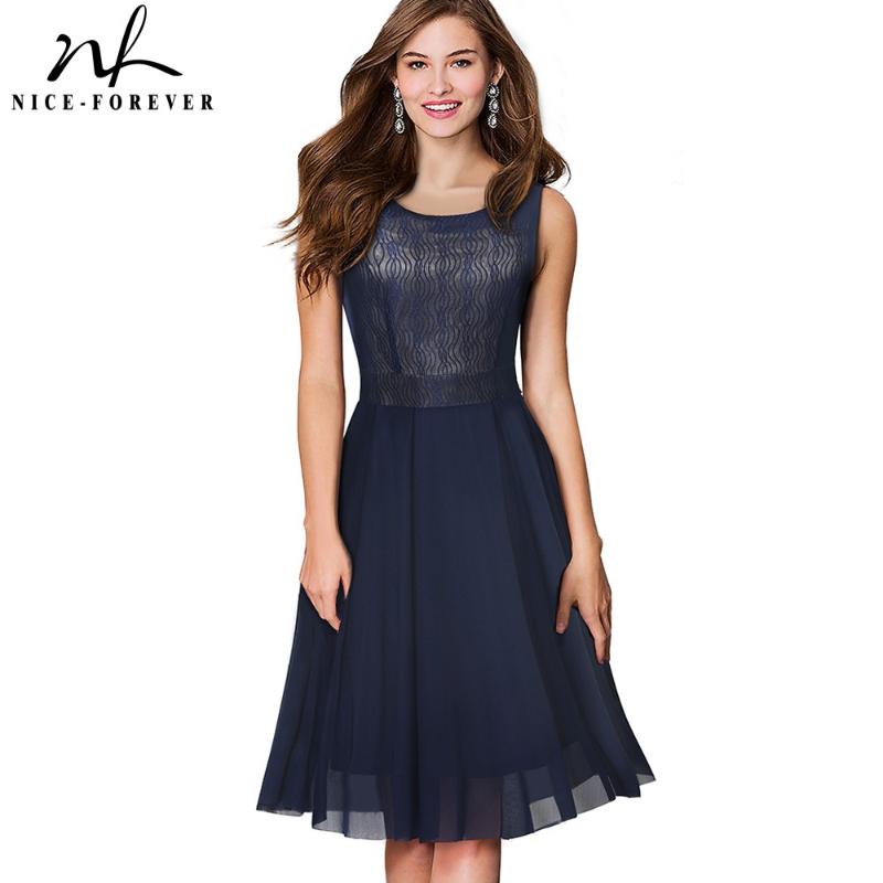 

Nice-forever Summer Pure Color Mesh Lace Patchwork Dresses Retro Flared Party Women Dress A031, Black