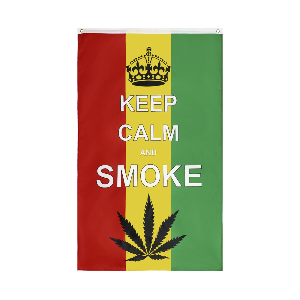 

Wholesale In Stock Tabacoo Keep Calm and Smoke Crown Leaf Flag with 3x5ft For Hippie Rasta Reggae Jamaica Bar Party Music Festival Tattoo Shop Decoration Banners