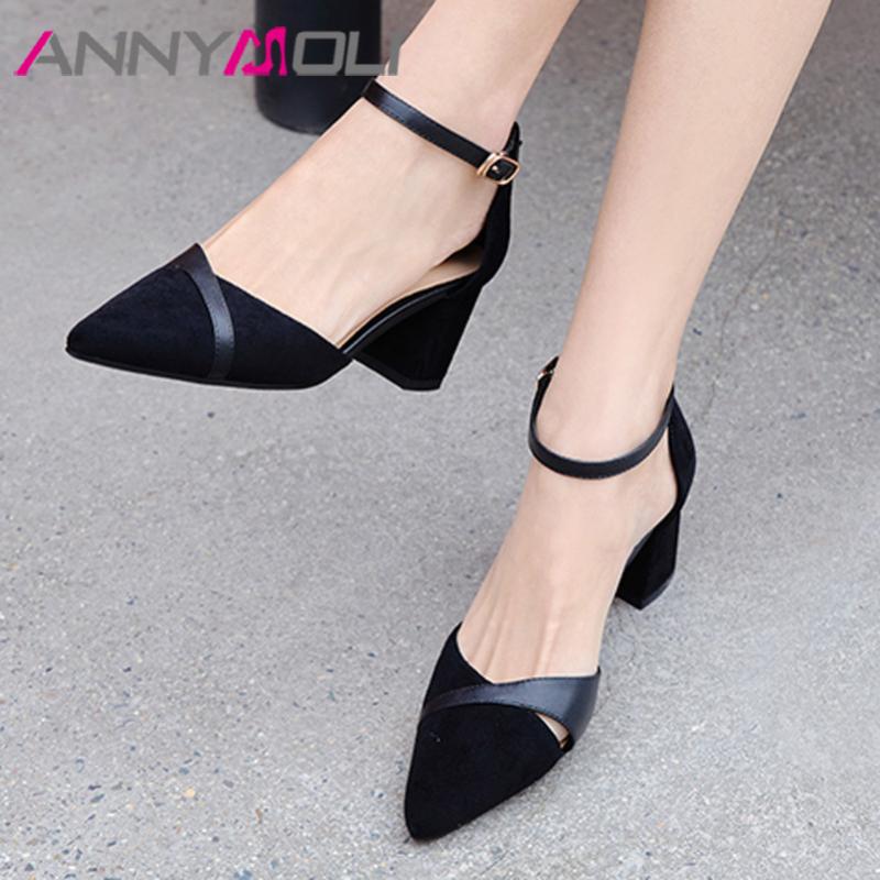

ANNYMOLI Women Shoes Ankle Strap High Heels Pumps Pointed Toe Block Heel Dress Footwear Ladies Summer Black Green Large Size 43