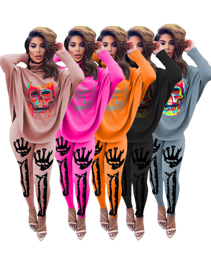 

Women Designer Two Pieces Outfits Tracksuits Skeleton Print and Pants Long Bat Sleeve Split Crop Tops Fashion Women Set Sportswear Homewear, Pink