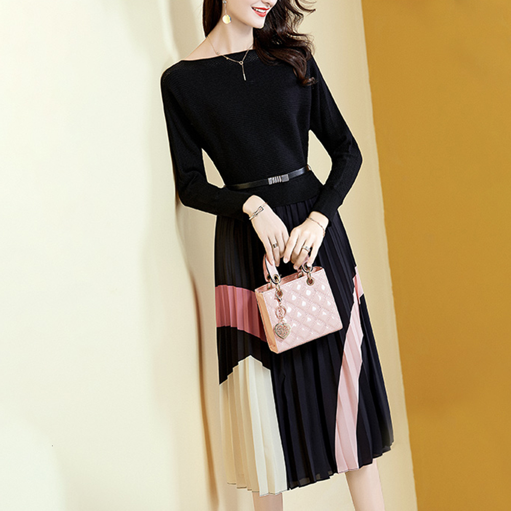 

2021 Runway Design Fake Two Knitted Women Fall Winter New Half Turtleneck Contrast Printing Stitching Pleated Es Upoh, Black