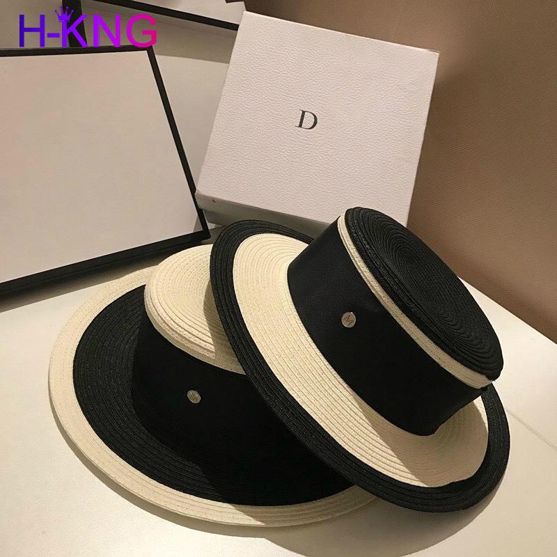 

Women Black White Joint Straw Hat Ribbon Letter Brim Boater Hat Beach Sun Cap Lady Summer Wide Brim Uv Protect Hats
