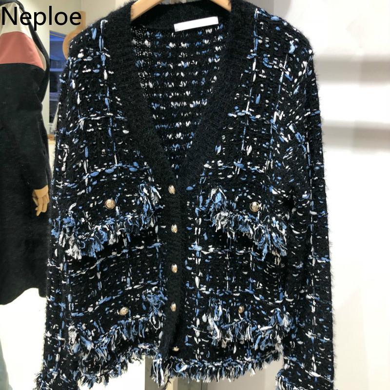 

Neploe Woman Sweaters Korean Fashion Fall 2021 Women Temperament Tassel Knitted Cardigan Coat V-neck Loose Sueter Female Tops, Black