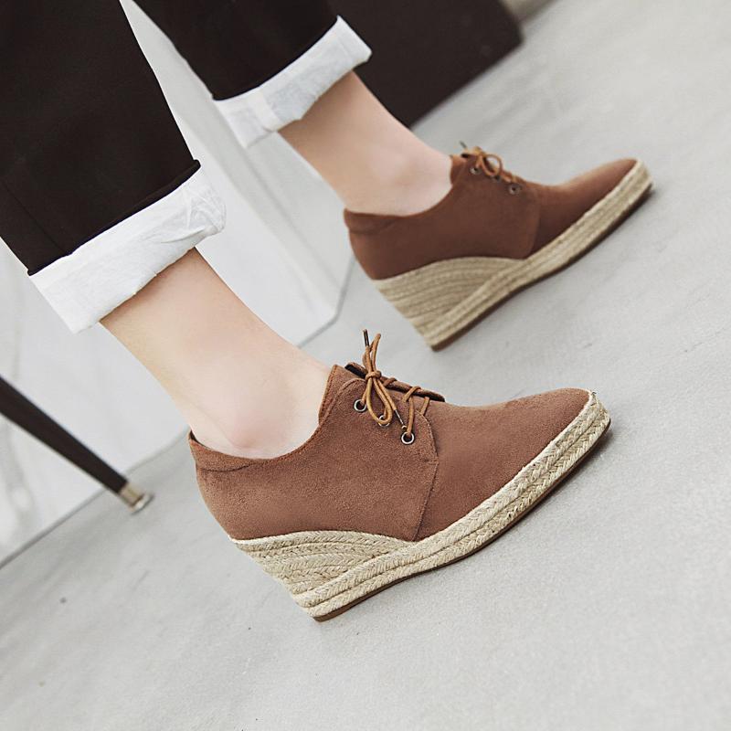 

Womens Wedge Pointed Toe High Heels Shoes Lace Up Suede Casual Pumps Platform S117, Beige