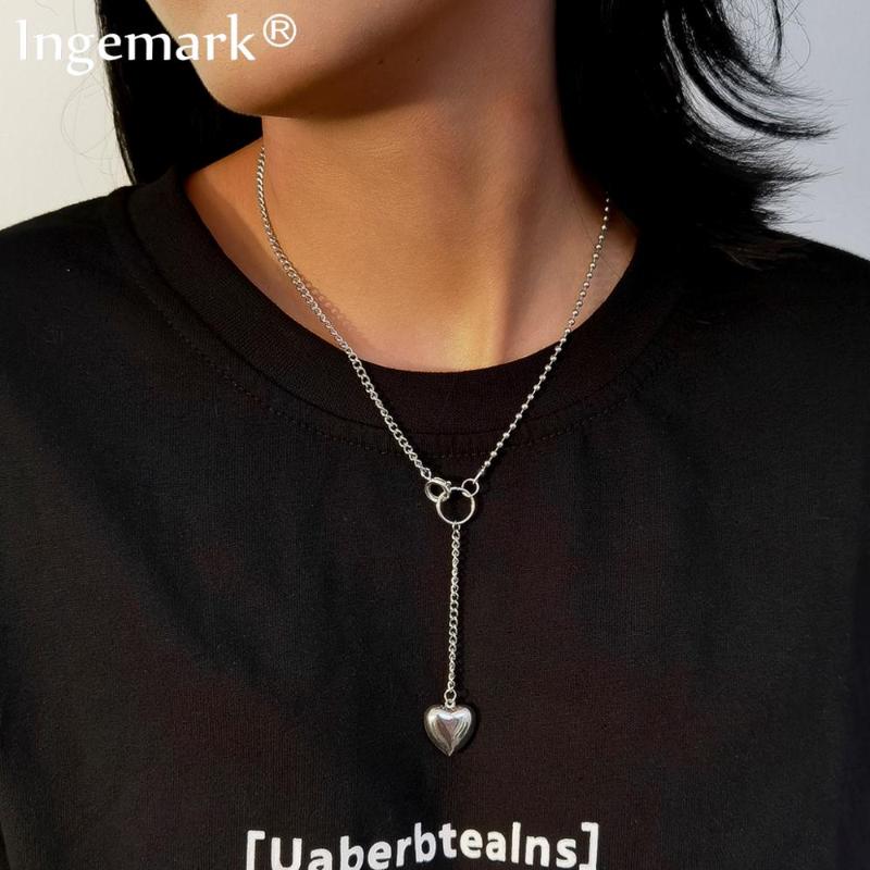 

Goth Stainless Steel Heart Pendant Choker Necklace Women Wedding Boho Punk Silver Color Lover Lariat Long Chain Necklace Jewelry