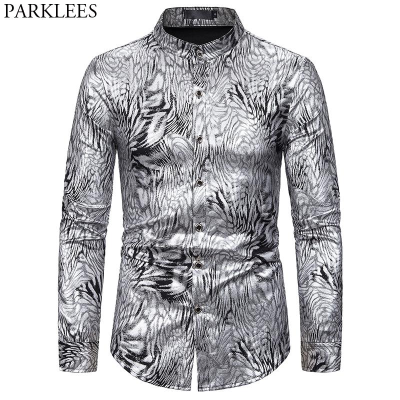 

Silver Snake Pattern Shirt Men 2020 Sexy New Mandarin Collar Mens Dress Shirts Club Party Prom Stage Male Social Shirt Camisas, White