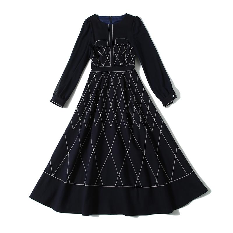 

2021 Merchall Office Lady Spring Autumn New Fashion Runway Designer Beading Stripe Long Sleeve Elegant Midi Frxd FAMY, Navy blue