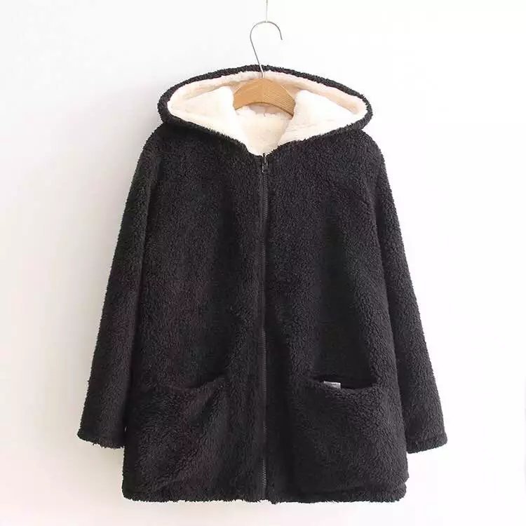 

2021 New Han Edition Web Celebrity Hooded Jacket Female with Veet Thickening Imitation Fur Loose Wool Coat on Both Sides Yvu7, Black