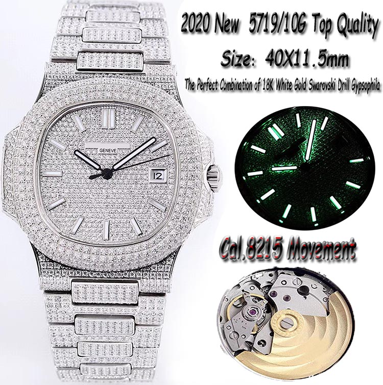 

Top Quality 5719/10G-010 18K White Gold Fully Paved With Diamonds Inlay Case Cal.8215 Automatic Mens Watch Best version Luminous Watches, Slivery;brown