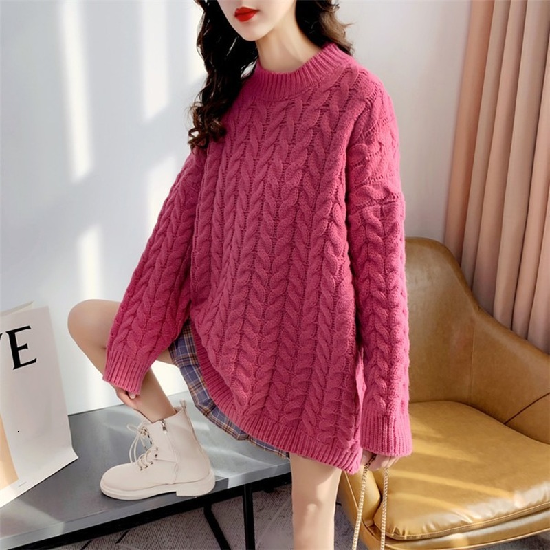 

2021 New Oversized Female Pullover Solid Sweater-neck-neck Length Mean Torsion Sweaters Crocheted Women's Clothing Korean Fashion ERRN, Orange.