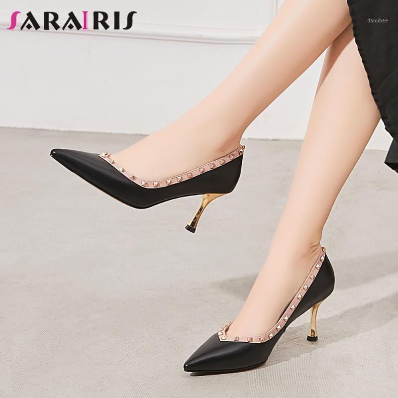 

SARAIRIS Office Female Spring Rivet Shoes Woman Genuine Leather Slip On Shallow Thin Heel Pumps Women Pointed Toe Pumps1, Beige