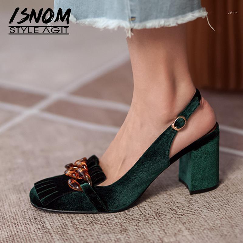 

ISNOM Summer Chunky High Heel Fringe Sandals Women Retro Velvet Emerald Slingback Buckle Chain Tassel Pumps Banquet Shoes1