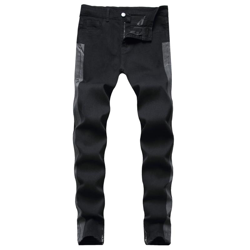 

2020 Men Stretch Jeans Side Stripe Printed Biker Jeans Slim fit Straight Black Hip Hop, 008 black