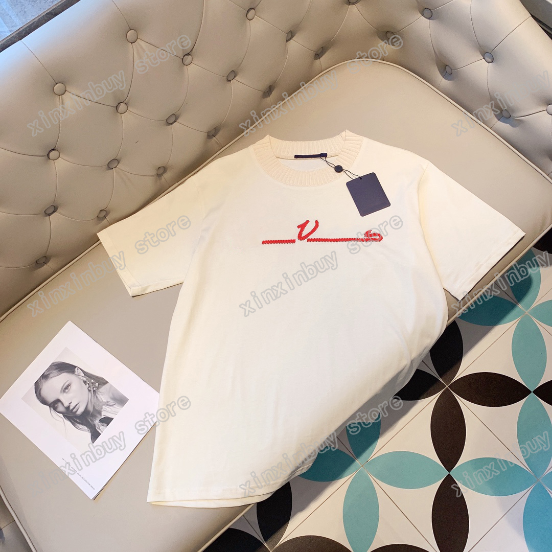 

22ss Men Women Designers T-Shirts tee Red letter embroidery Wool collar short sleeve Man Crew Neck paris Fashion Streetwear Black apricot XS-L