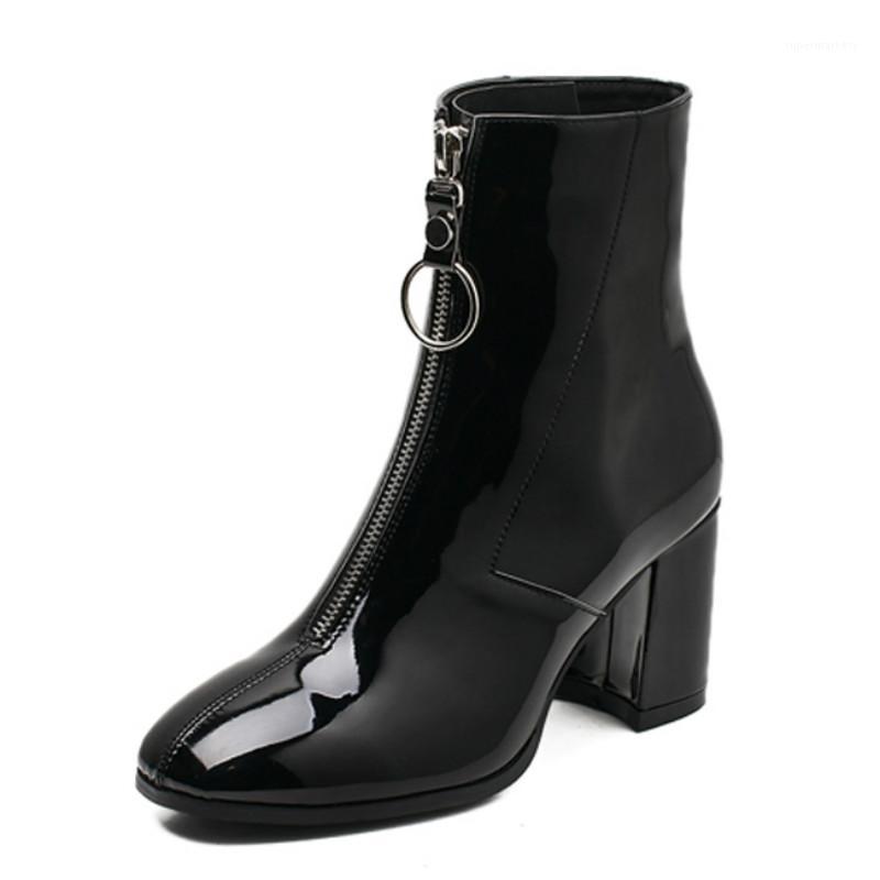 

Dropshipping Front Zipper Punk Motorcycle Women Boots Vintage Square Toe High Heel Women Boots Warm Winter Shoes1, Black