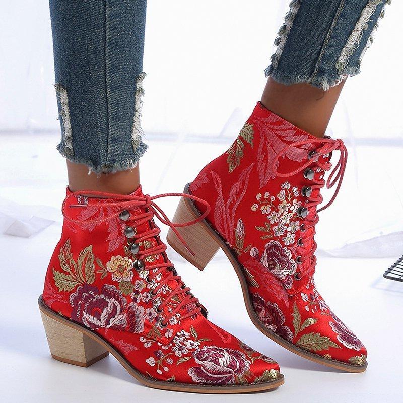 

Women Luxury Silk Boots Ankle Autumn Winter Embroider Womens Motorcycle Lace Up Shoes Woman, Red