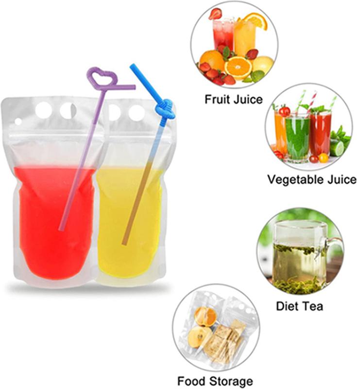 

Clear Matte Drink Bag Pouches with Straw Heavy Duty Hand-Held Translucent Reclosable Zipper Plastic Pouches Drink Bags IIA393