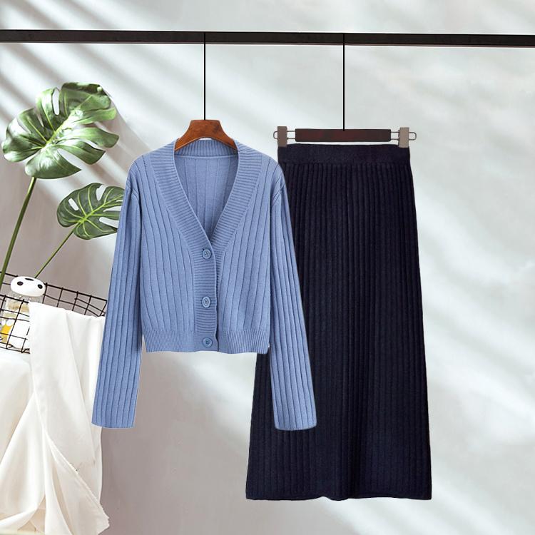 

2020 New Autumn Winter Women 2 Pieces Knitted Sweater Suits Female Fashion V Neck Causal Sexy Korean Style Dress Tracksuits E52, Khaki