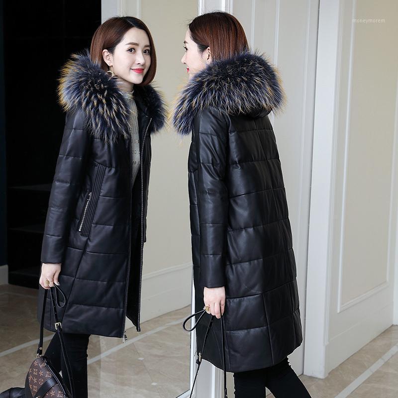 

Raccoon Dog Fur Collar Sheepskin Down Coat Real Genuine Leather Jacket Autumn Winter Coat Women Clothes 2021 Korean Tops ZT37241, Black
