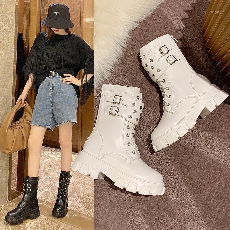 

Brand 2020 New White Leather British style motorcycle boots rivet fashion Lace Up Sexy High Heels Autumn Woman Shoes1, Black