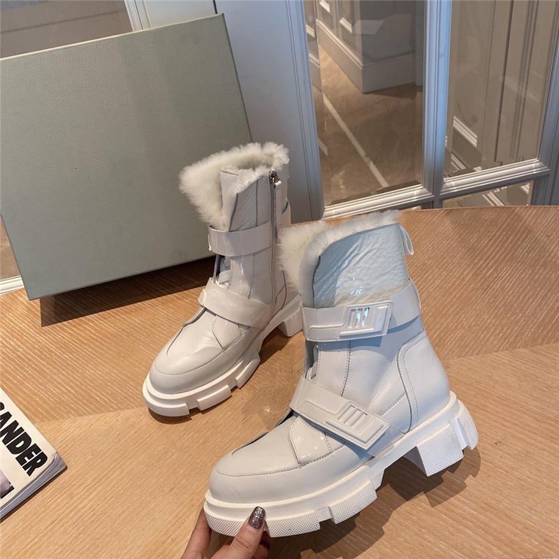 

Fashion Winter Wool Linning White Women's Boots 2021 Fur Thick Sole Platform Bukle Punk Boots Round Toe Black Ankle Women, As pic