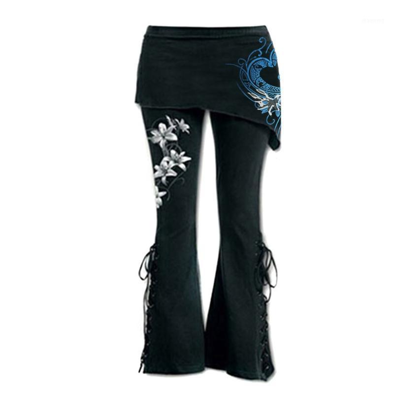 

Women Black Embroidered Casual Bandage Flares Punk Lace Up Bell Bottom Leggings Casual High Quality Pants 2.251, Rd