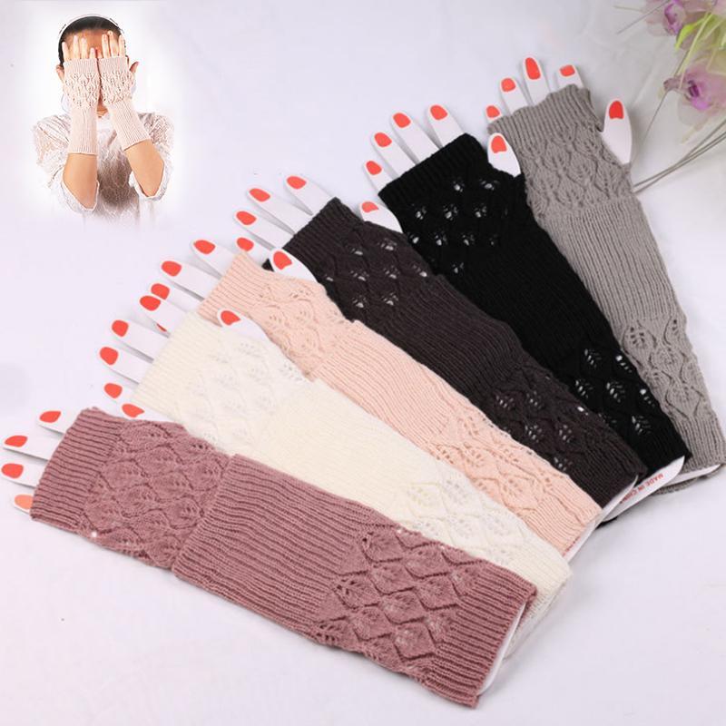 

Winter Warm Knitting Arm Gloves Women Girls Fashion Hollow Out Leaves Fingerless Long Glove Stretchy Comfortable Soft Mittens