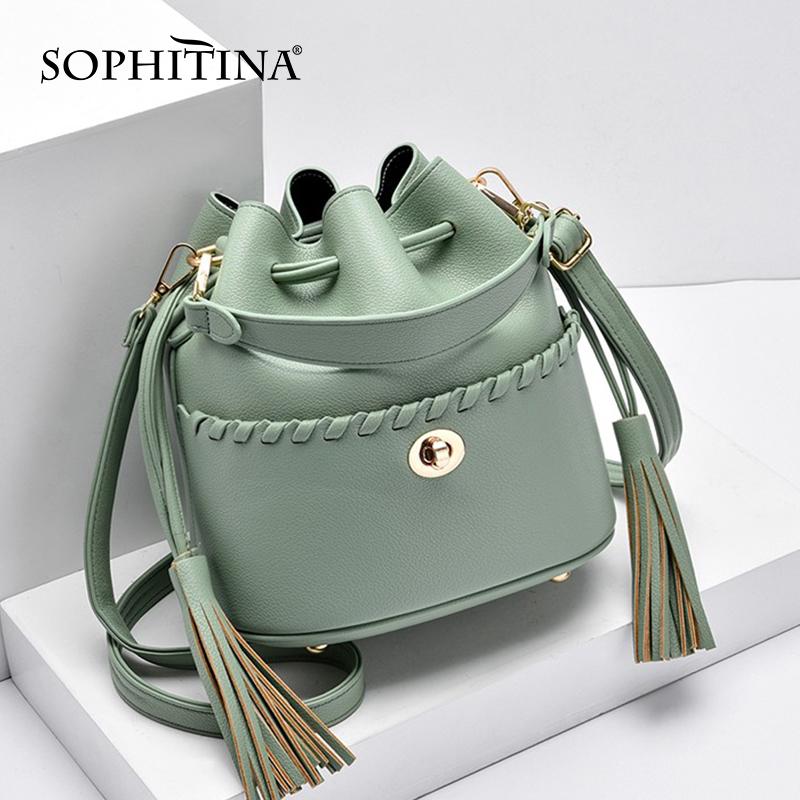 

SOPHITINA Bucket Messenger Bag Designer Metal Button No Zipper Small Bags Handmade High Quality Leisure Women's Handbags E132, Khaki