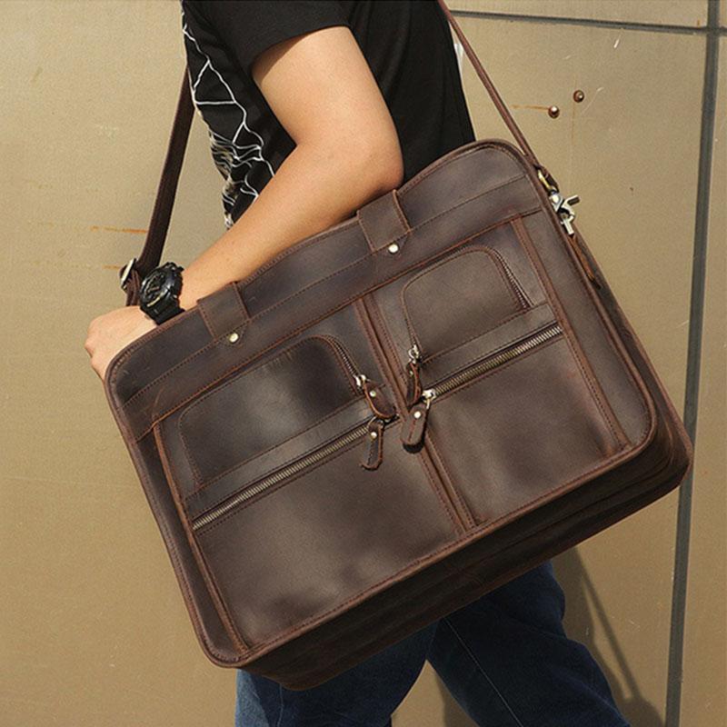 

Vintage Genuine Cow Leather Mens Briefcase Handbag 17 inch Laptop Business travel bag Multifunction big shoulder bag Work Tote, Design1-dark brown