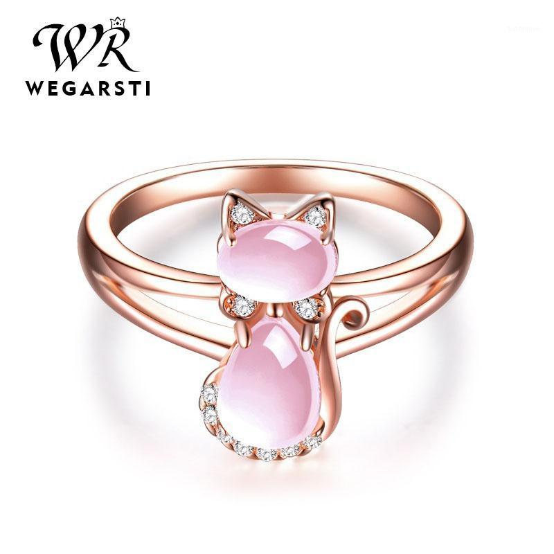 

WEGARSTI Hot Trendy European Style Crystal Pink Lovely Cat Shape Rose Gold 925 Silver Jewelry Birthday Gift Ring Drop Shiping1