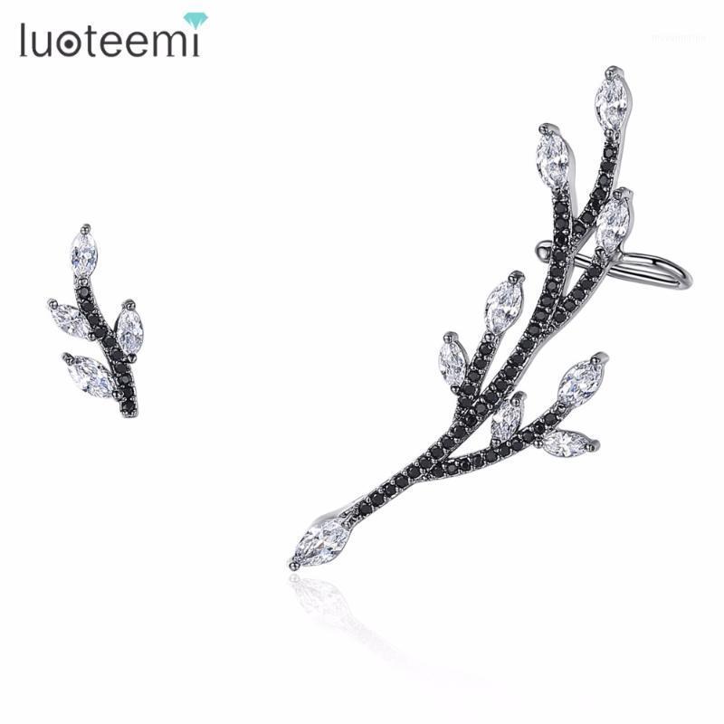 

LUOTEEMI Trendy Gun-Black Color Clear Cubic Zirconia Leaf Stud Earrings for Women Unique Chinoiserie Earrings Female Gift Bijoux1