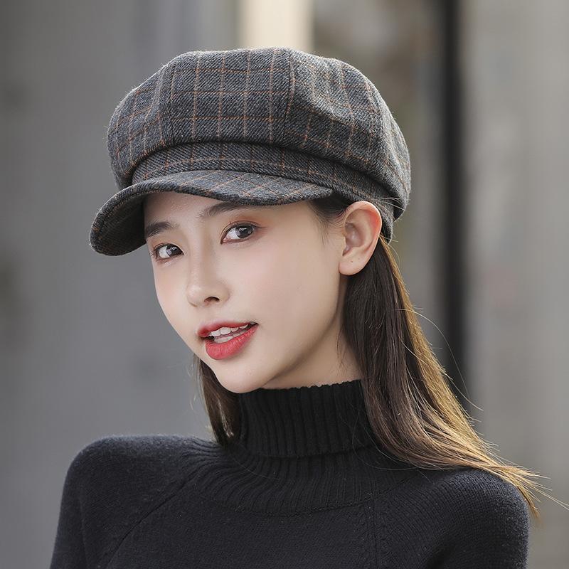 

2021 New Women Wool Cotton Blend Berets Winter Autumn Octagonal Beret Caps Stylish Artist Painter Hats Classic Lattice Beret Hat, Style 2 navy blue