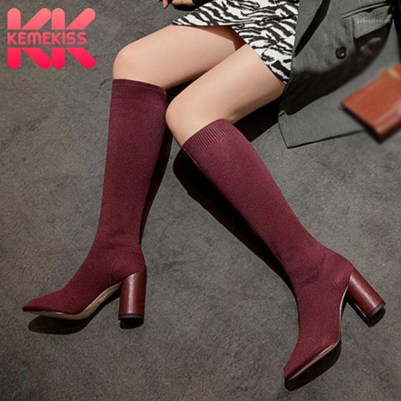 

KemeKiss Women Knee Boots Fashion High Heel Winter Shoes Woman Sexy Pointed Toe Stretch Boot Warm Party Footwear Size 33-401, Black