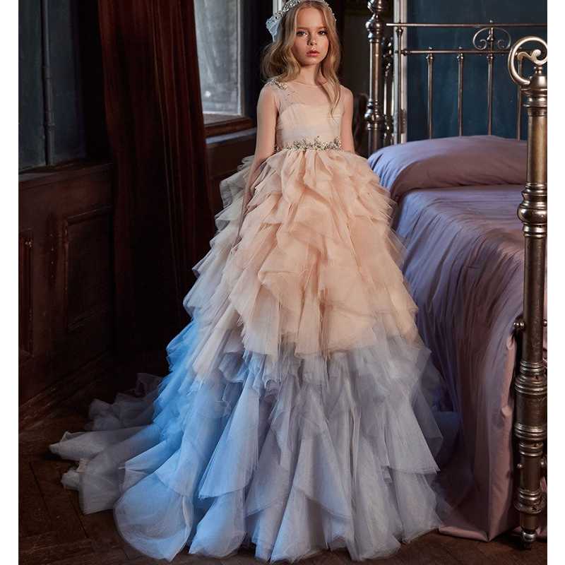 

2020 Two Tone Flower Girl Dresses For Wedding Ruffles Tiered Skirts Toddler Pageant Gowns Tulle Birthday First Communion Dress, Beige