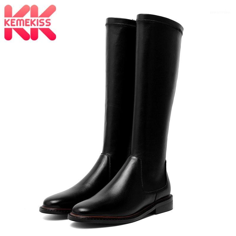 

KemeKiss Women Knee High Boots Real Leather Elastic Female Botas Slip-On Casual Flats Shoes Women Party Ridding Boots Size 34-401, Black-18cm