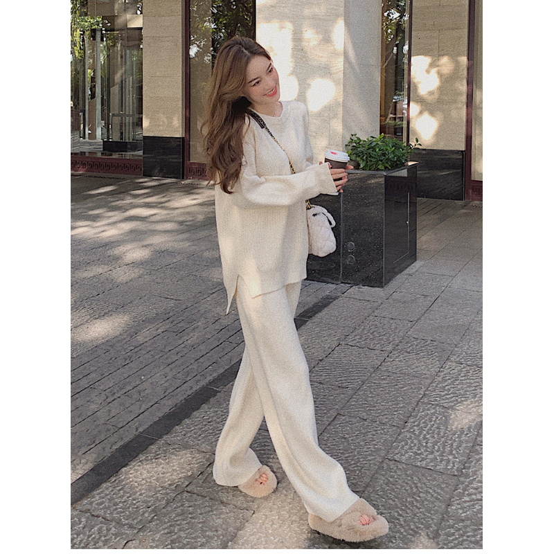 

2021 New Two Piece Set Pullover Sweater Tracksuit Women High Waist Knit Straight Pants Suit Spring Clothes 569w, White