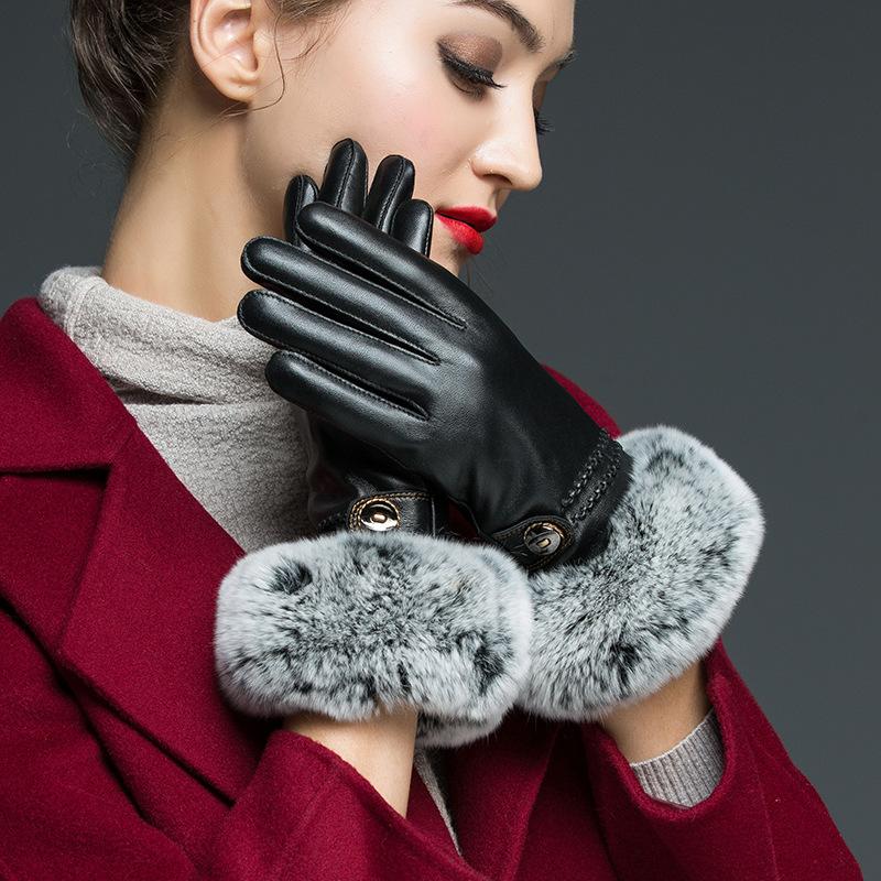 

lady The new lady sheepskin leather gloves touch-screen autumn wind mouth add rex wool in winter to keep warm gloves